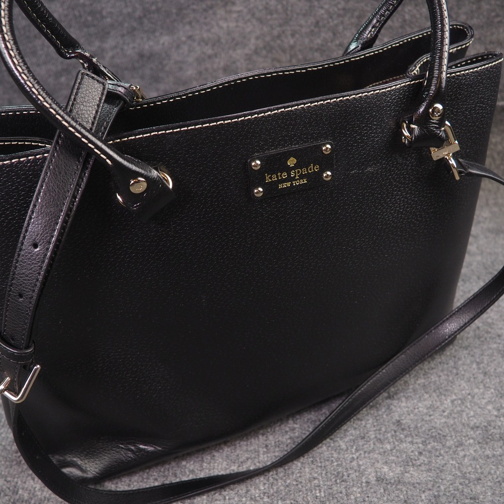 Kate Spade Tote Black Pebbled Leather Contrast Stitch Polka Dot Lining Handbag